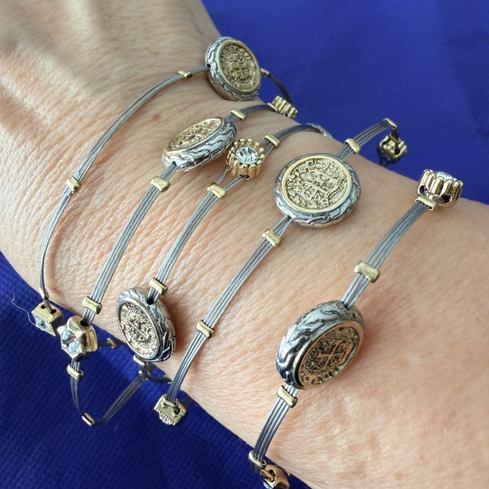 Silver Tone Crystal Coin Bangle Bracelet Set Of 5 Womens 8 Inch Religious